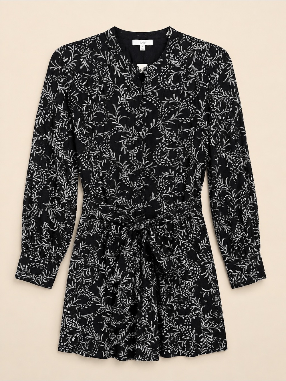 Joie Black Botanical-Print Long Sleeve Tie-Waist Dress